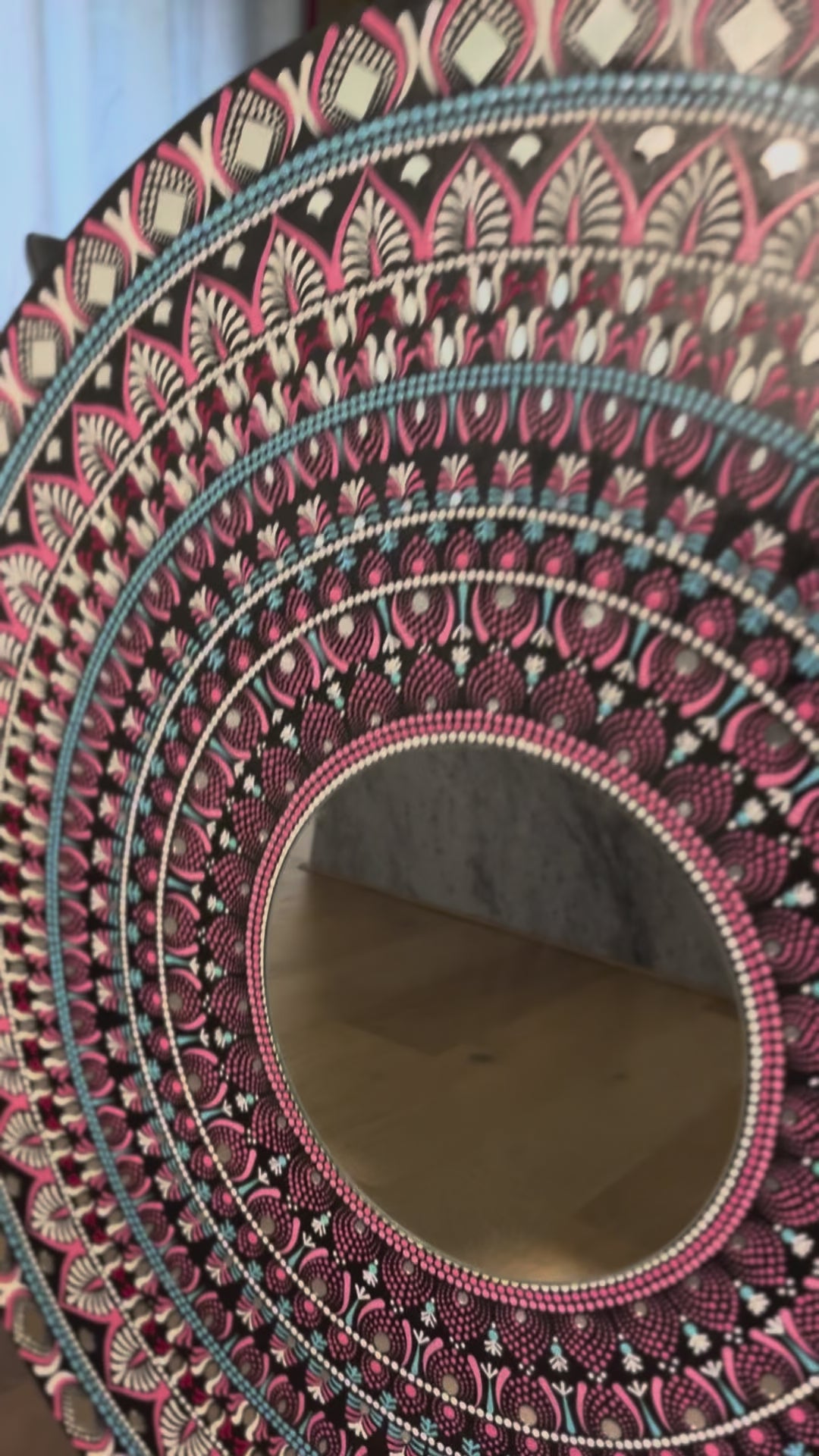Video preview of 36-inch hand-painted Mandala Mirror Wall Art – Hawa Mahal design
