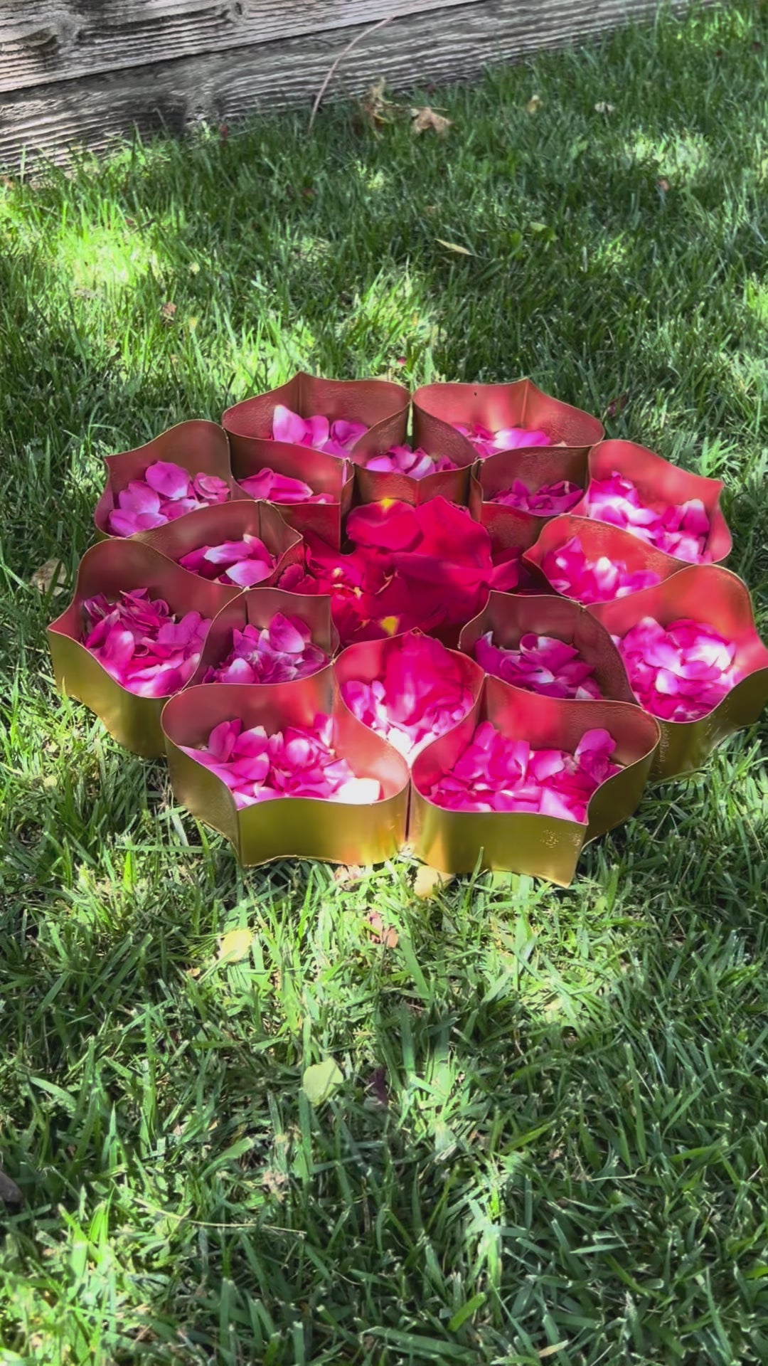 video of Handmade golden lotus etched urli plate with 17 compartments. Perfect for home décor, weddings, and festive celebrations. Free USA shipping.
