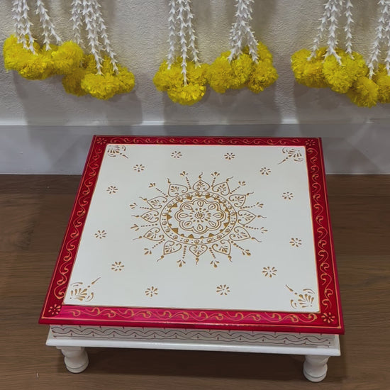 Wooden Pooja Chowki/Bajot - White + Red