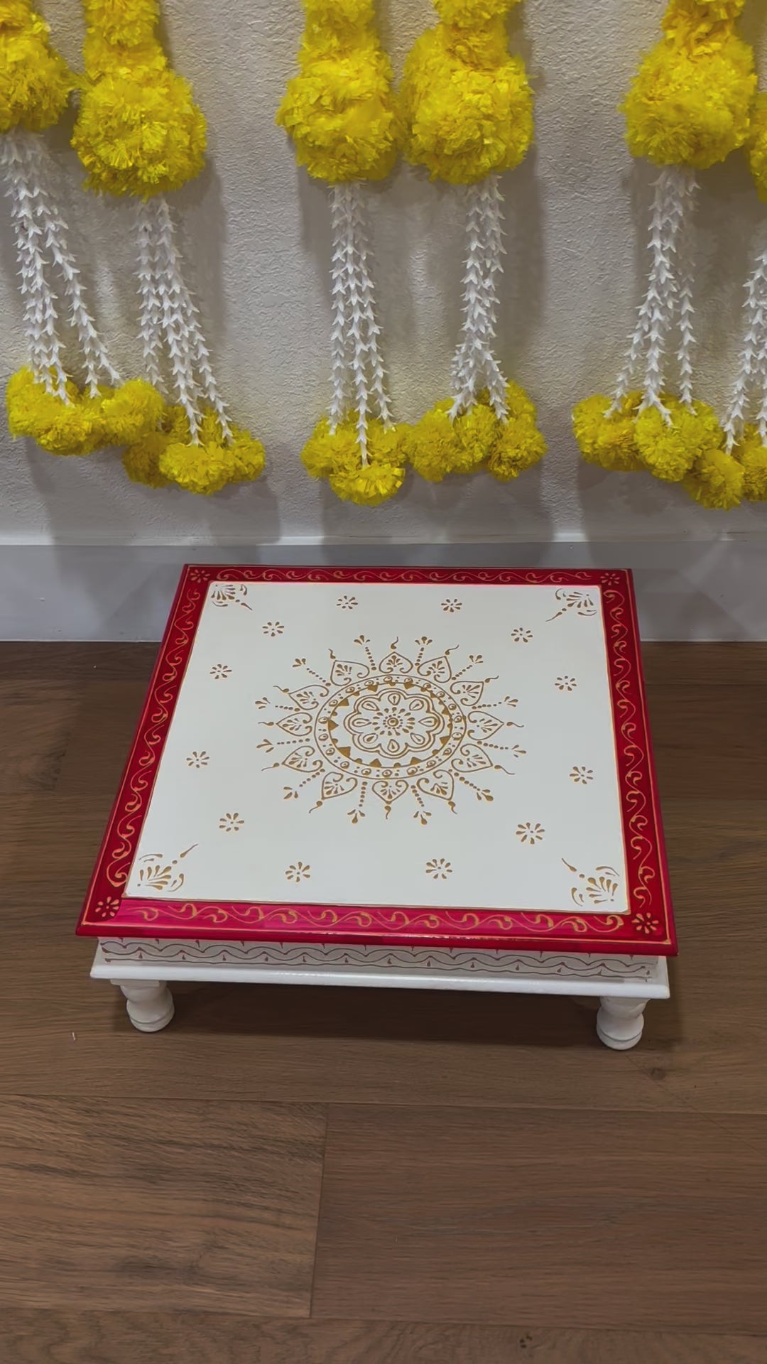 Wooden Pooja Chowki/Bajot - White + Red