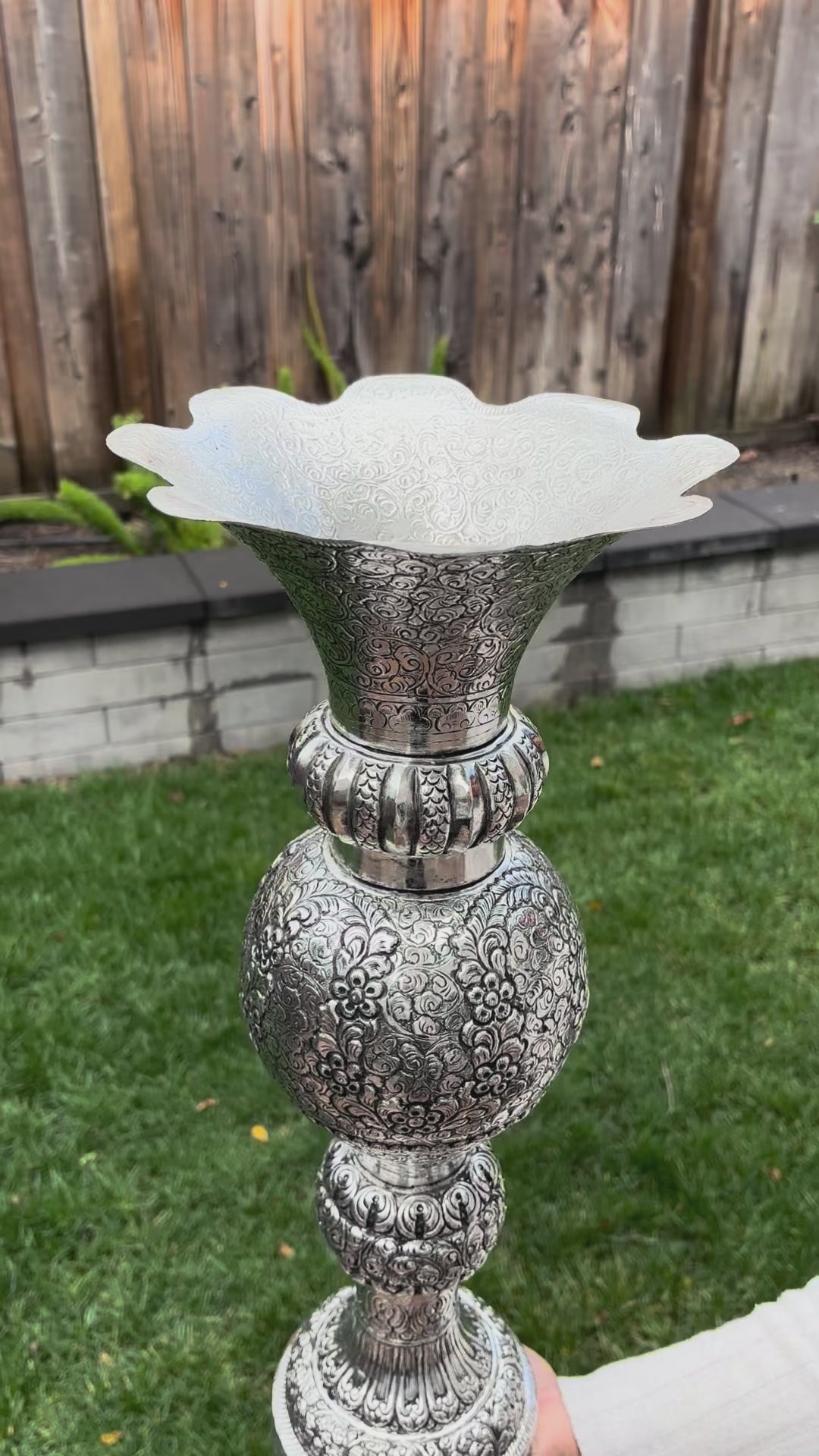 Video Of Tall Antique Silver Floral Motif Vase