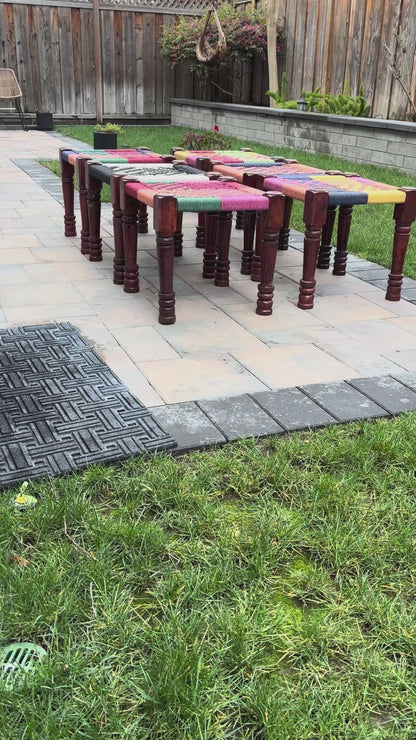 video of handwoven charpai stool, a perfect blend of traditional Indian design and modern boho aesthetics