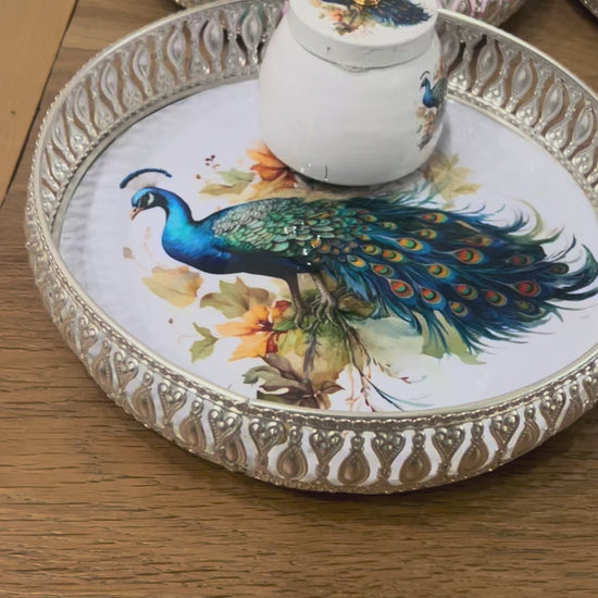 Video Of German silver Pichwai round tray and jars
