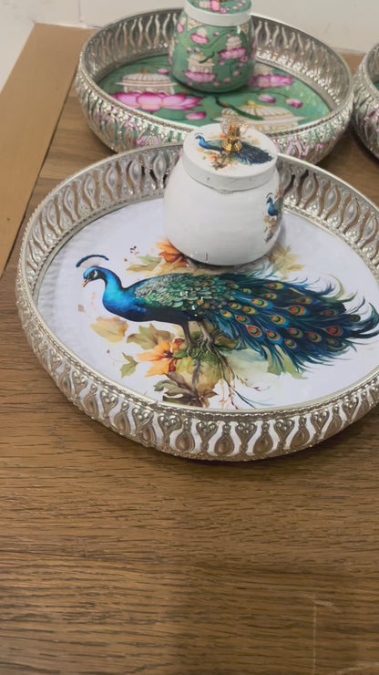 Video Of German silver Pichwai round tray and jars