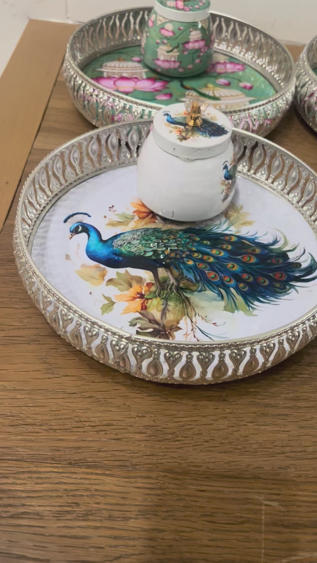 Video Of German silver Pichwai round tray and jars
