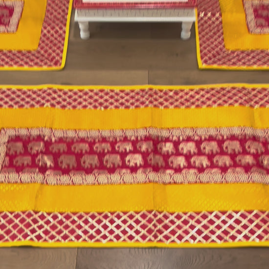 Video of Red Yellow Elephant Motif Pooja Aasan Set – Silk Brocade Runner & Mats