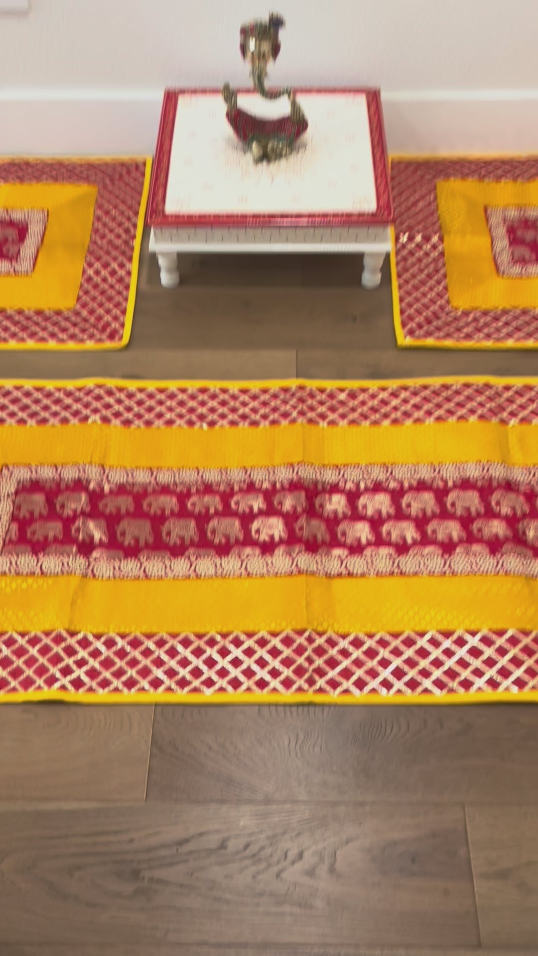 Video of Red Yellow Elephant Motif Pooja Aasan Set – Silk Brocade Runner & Mats