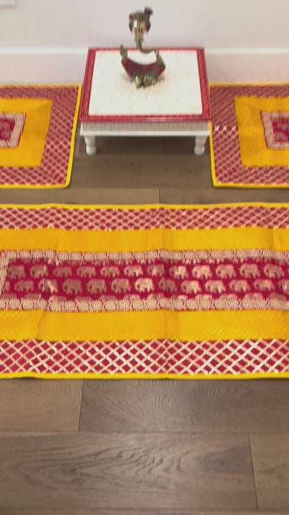 Video of Red Yellow Elephant Motif Pooja Aasan Set – Silk Brocade Runner & Mats