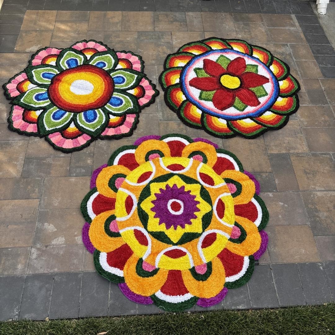 Three 4FT in diameter handmade Indian Rangoli Mats in multicolor floral designs, ideal Diwali Decoration