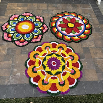 Three 4FT in diameter handmade Indian Rangoli Mats in multicolor floral designs, ideal Diwali Decoration
