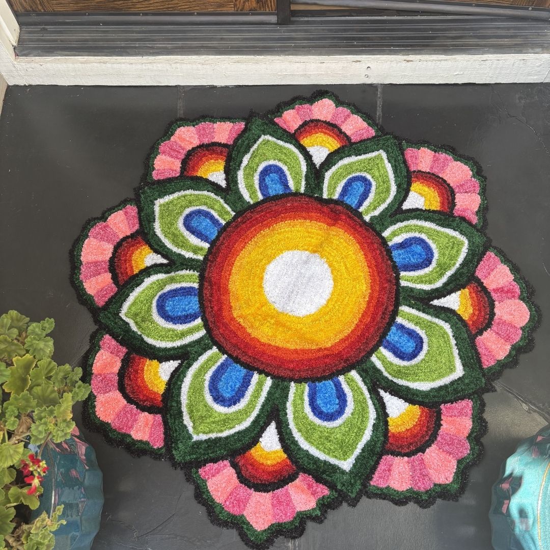 Pink Flower design Rangoli Mat, handmade Diwali decor with mandala embroidery