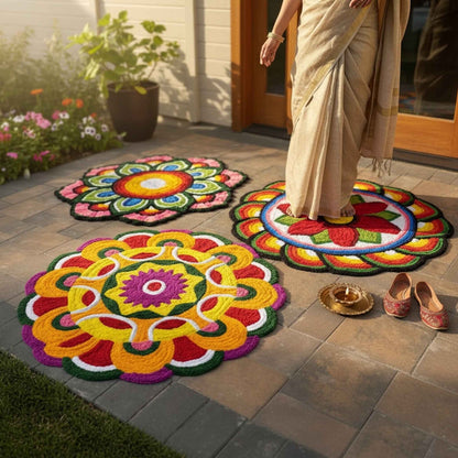 Three 4FT handmade Rangoli Mats in multicolor floral designs, ideal Diwali decoration