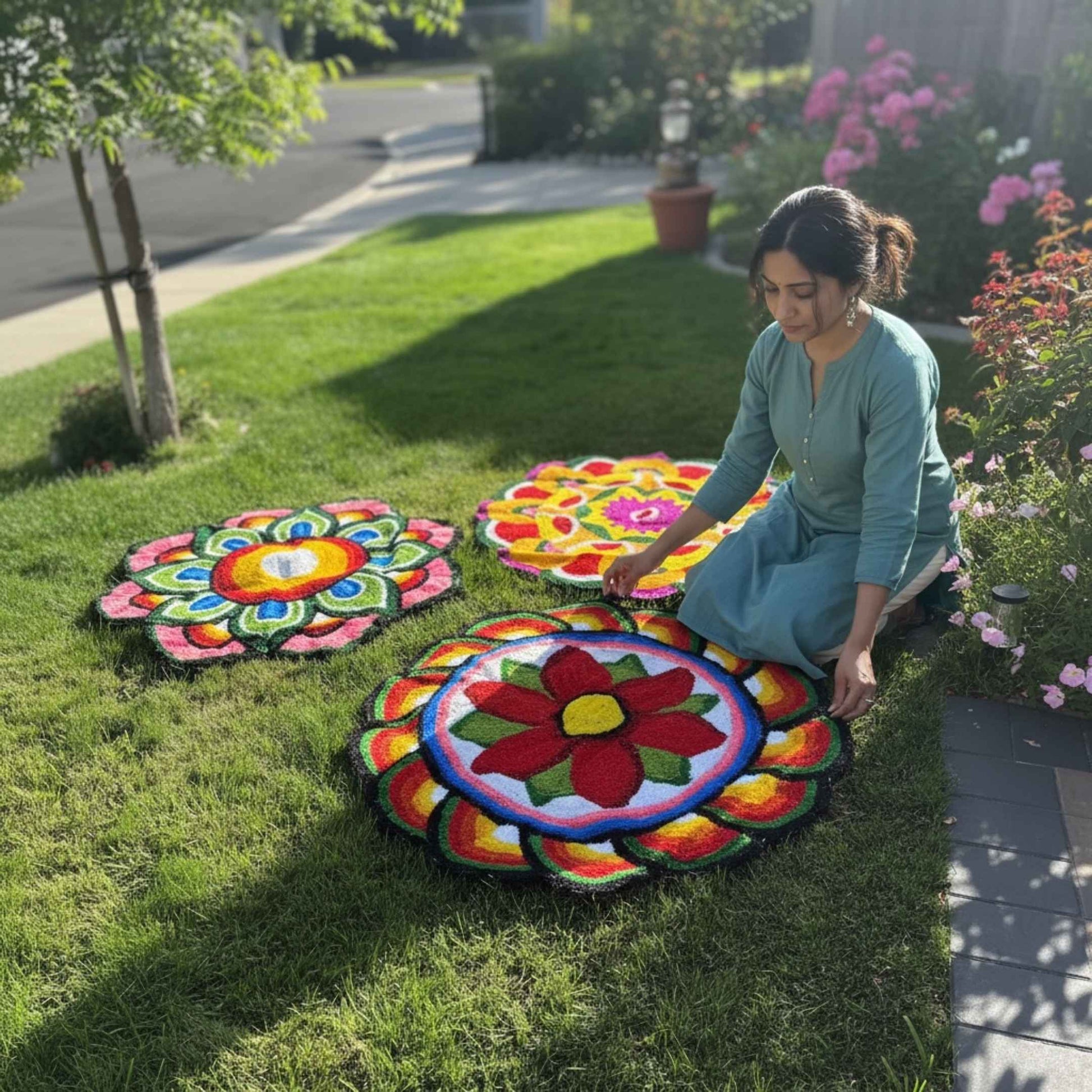 4FT Rangoli Mat with Suzani-style Mandala embroidery, handmade Diwali home decor