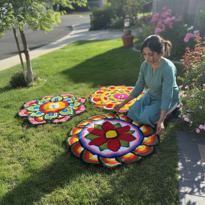 4FT Rangoli Mat with Suzani-style Mandala embroidery, handmade Diwali home decor