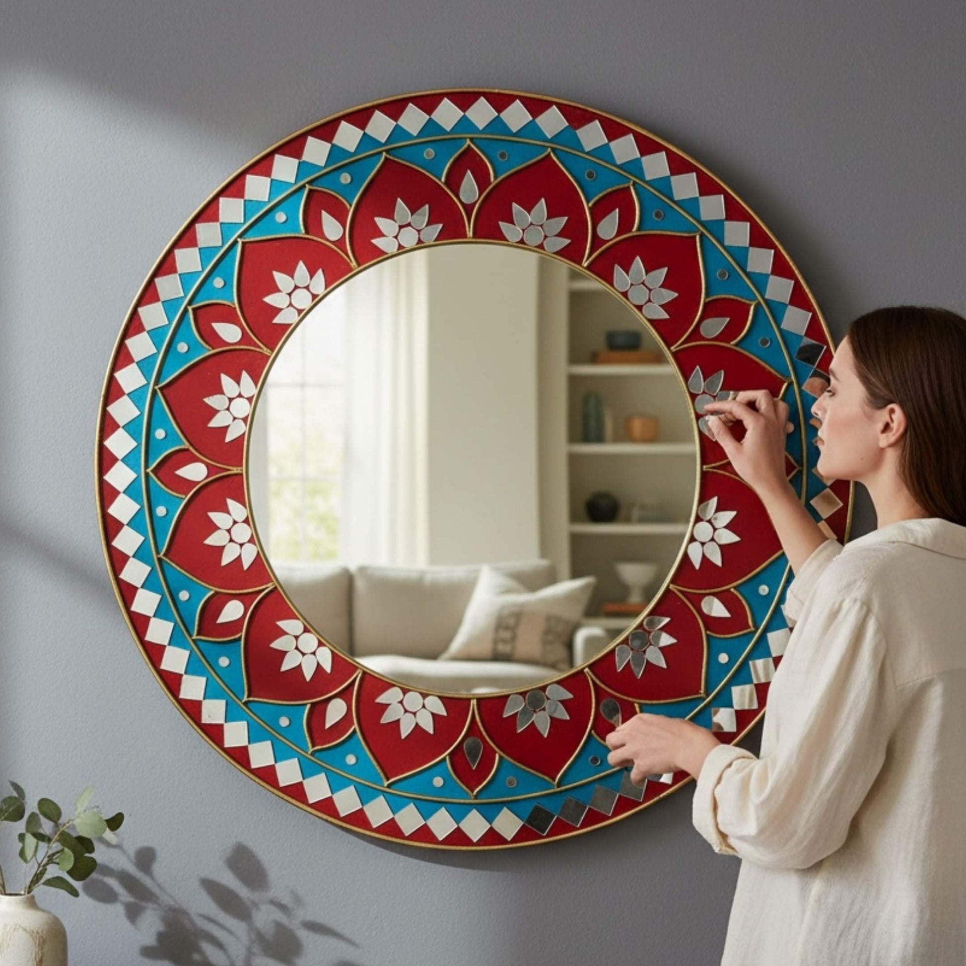 Woman adjusting a red lippan mandala mirror with a red and blue geometric frame in a living room.