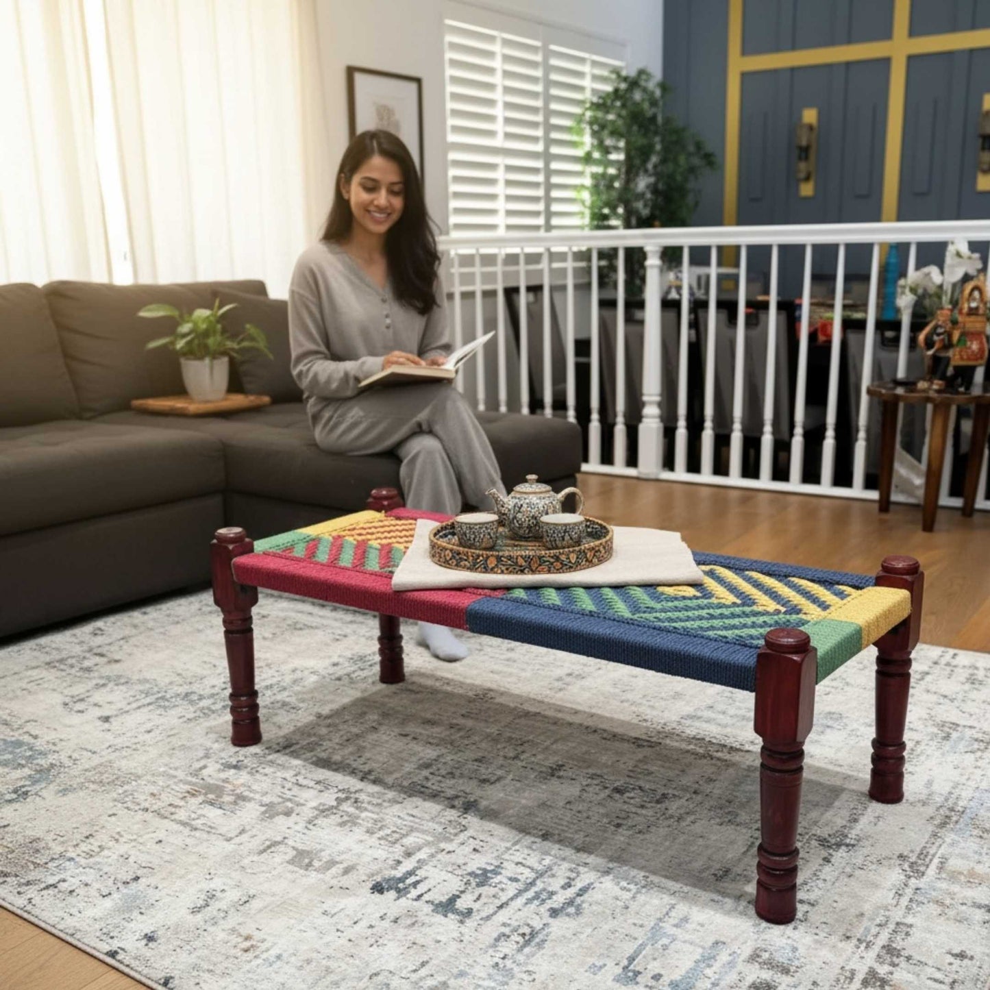 Rustic charpai bench handcrafted from mango wood with traditional woven jute rope seat