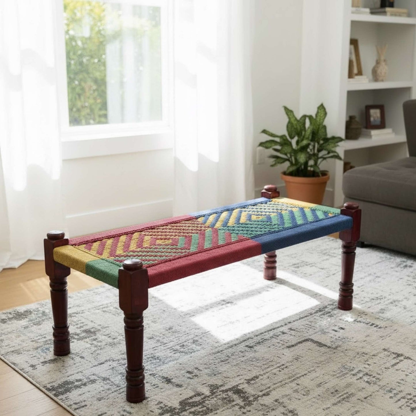 Rustic charpai bench handcrafted from mango wood with traditional woven jute rope seat