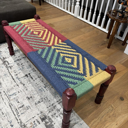 Chunri Bench with intricately woven jute cord top, handmade Indian charpoy furniture