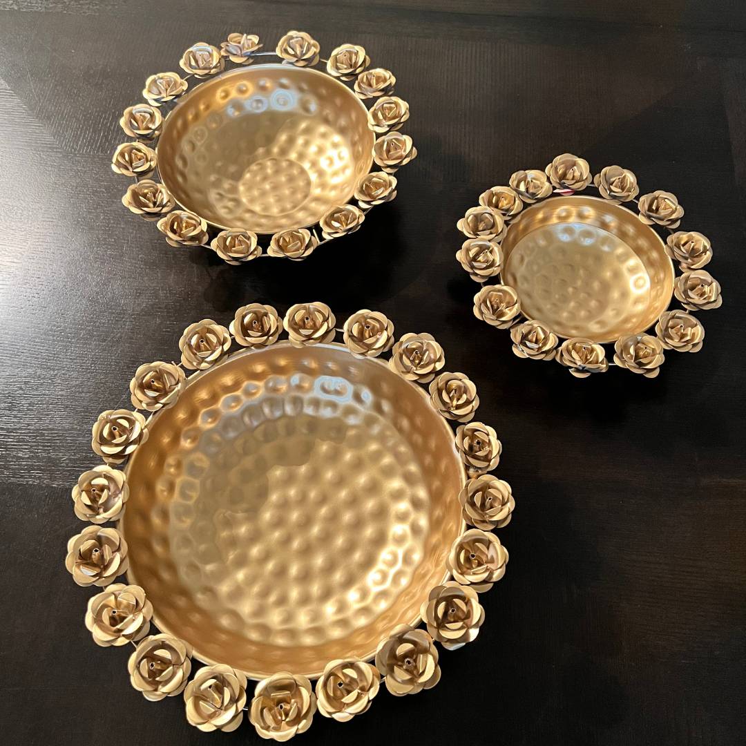 Rose motif urli bowls set of 3 in warm gold tone