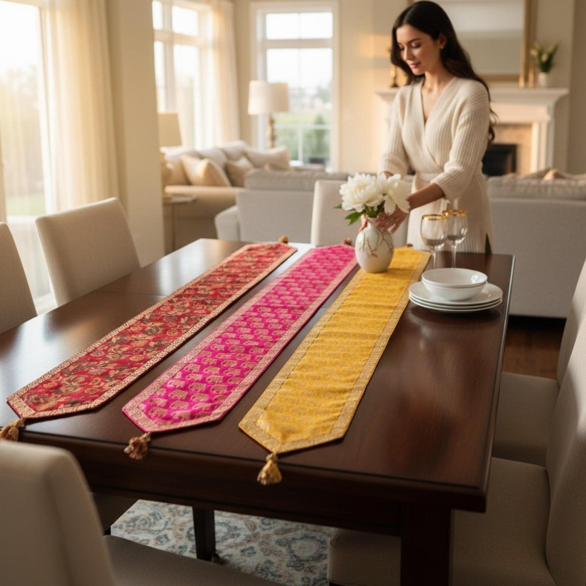 Woman arranging table settings with colorful runners in a living room.