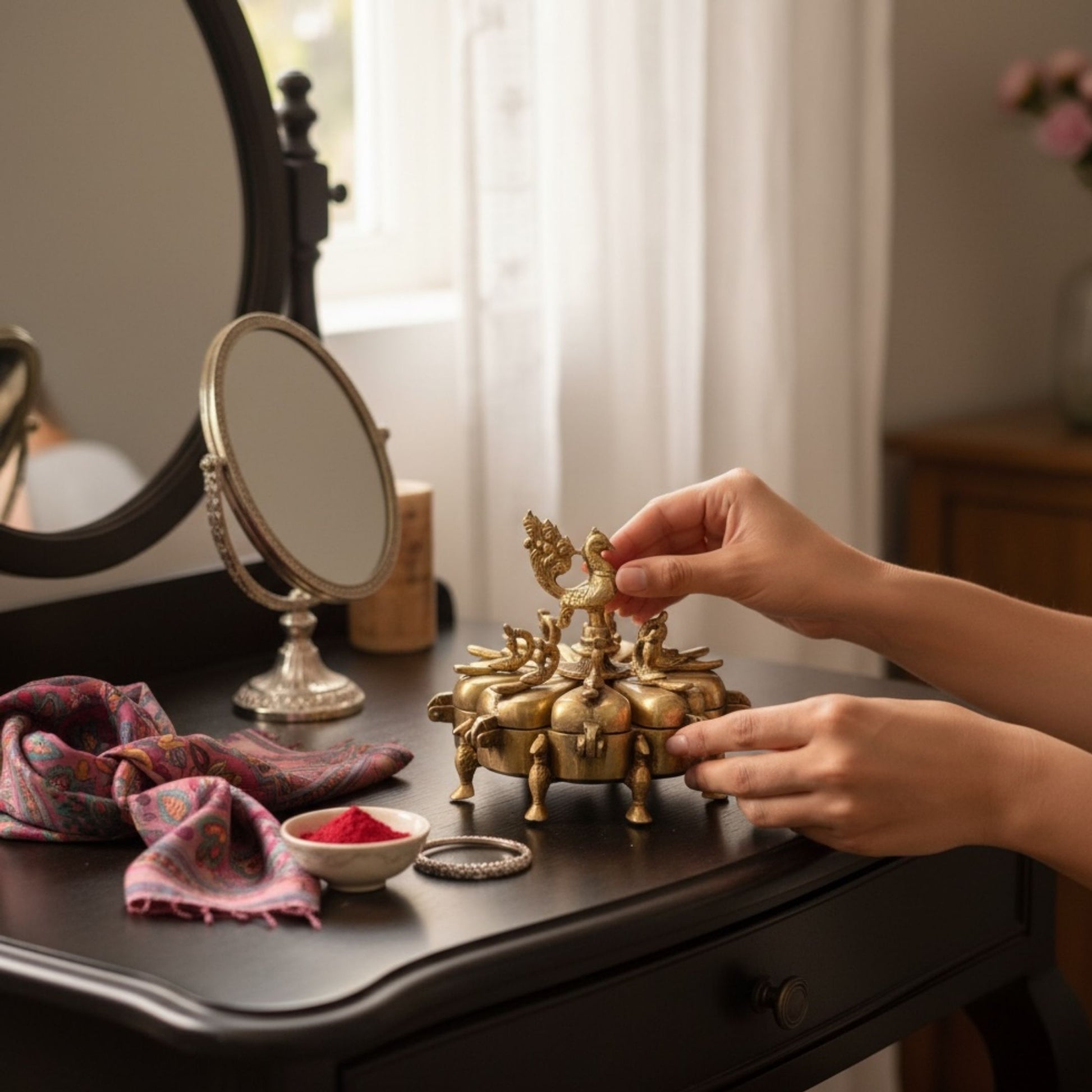 Brass peacock Shingardani sindoor box closed on dark wooden vanity, antique gold finish