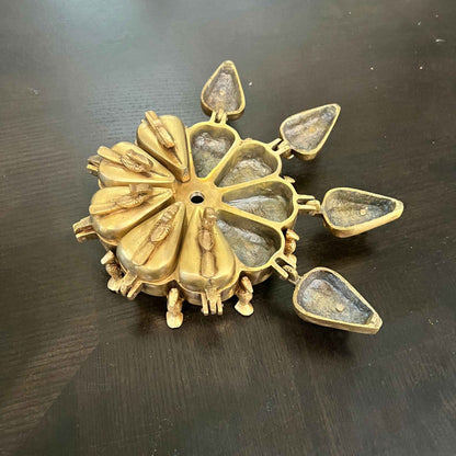 Brass Shingardani open showing 9 engraved peacock compartments with teardrop details