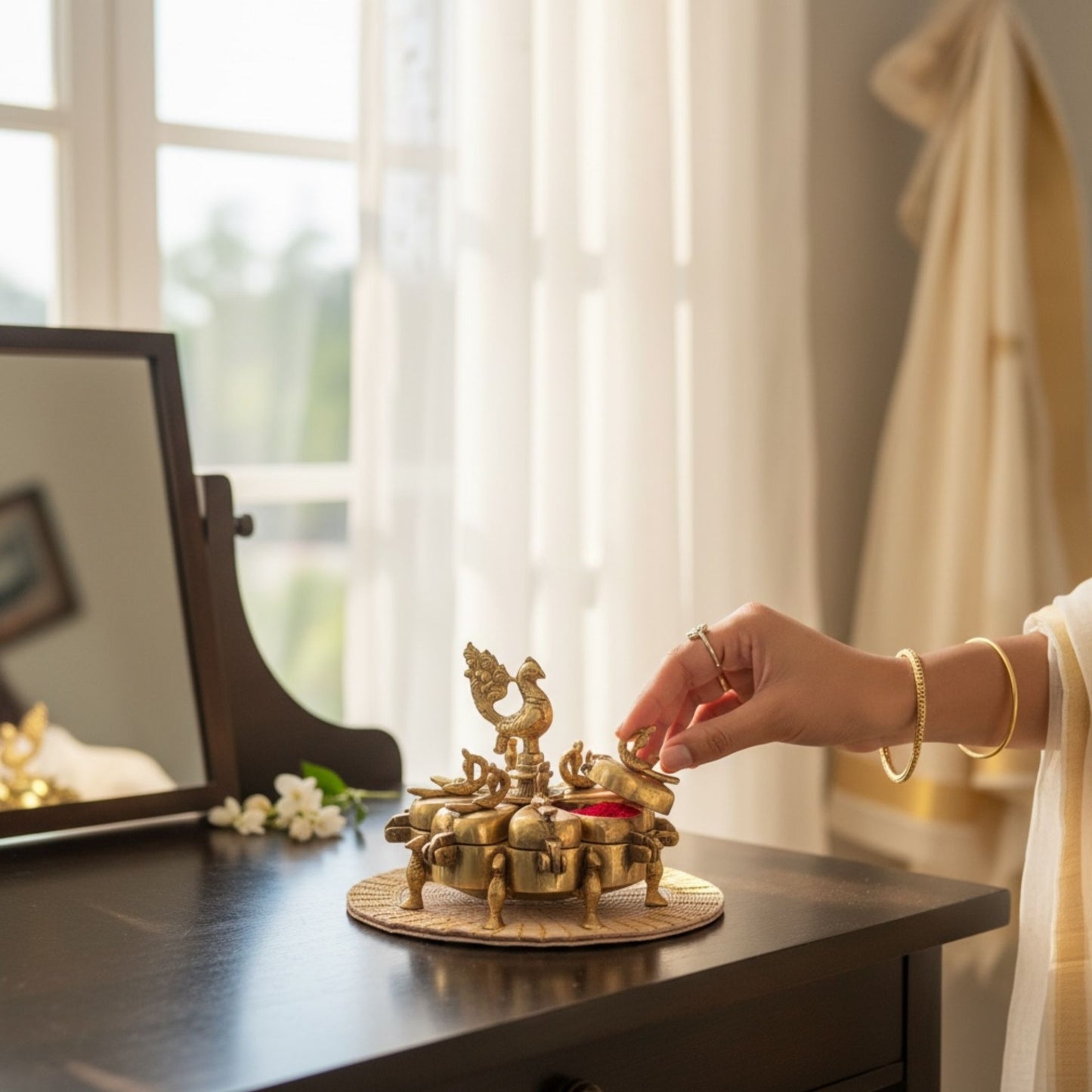 Brass Shingardani kumkum box on vanity table with mirror and florals, antique gold finish