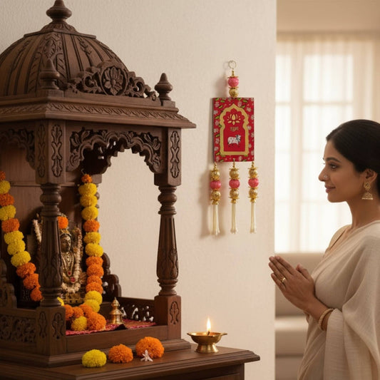 Woman in white saree performing puja near a decorated wooden mandir with Shubh Labh hangings and lit diyas