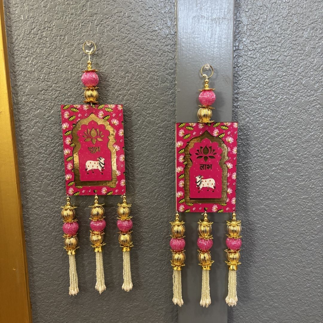 Premium pink Shubh Labh wall hanging set with Kundan and bead embellishments for Diwali decor