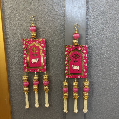 Premium pink Shubh Labh wall hanging set with Kundan and bead embellishments for Diwali decor