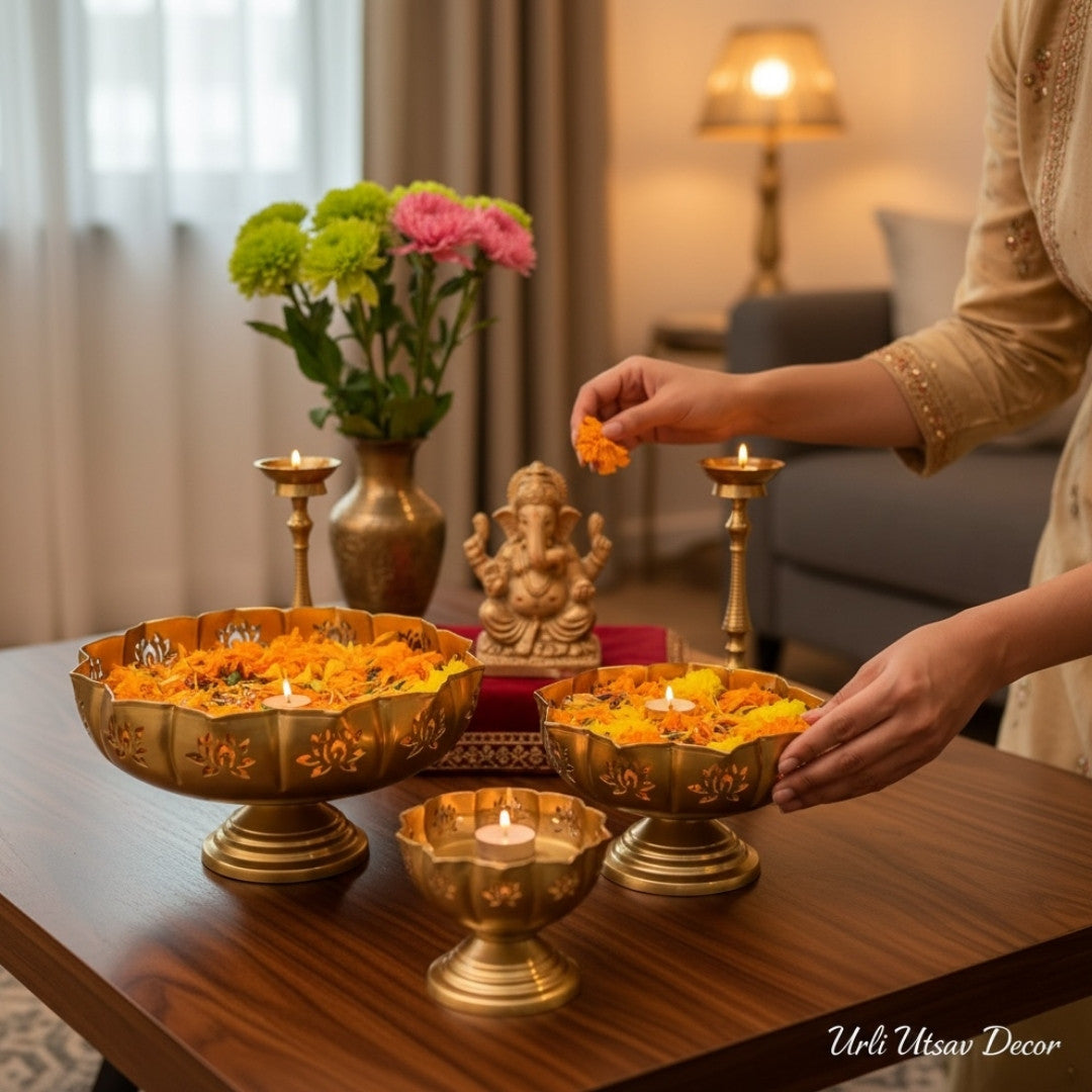 Traditional urli centerpiece with sitting motif for festive Diwali home styling, Urli Utsav Decor.