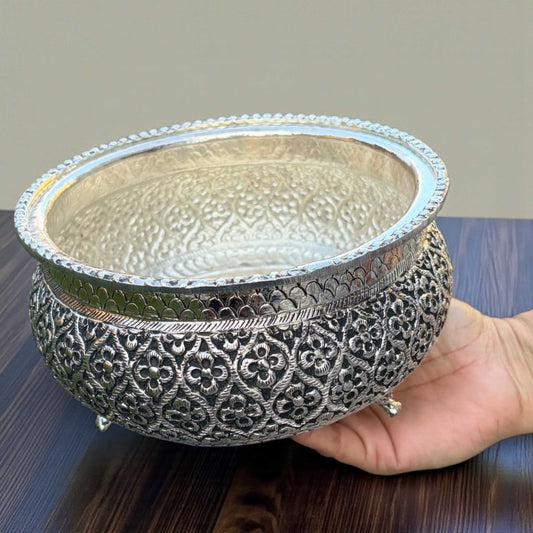 Urli Utsav antique silver flower engraved urli bowl, 7.5-inches decorative german silver plated urli bowl for home decor centerpiece