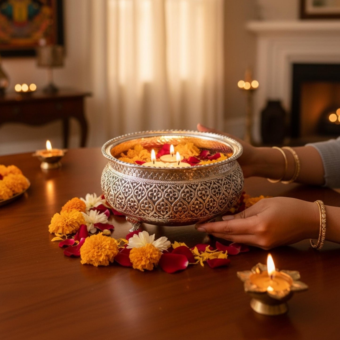 Diwali Decoration, Antique silver flower engraved urli bowl from Urli Utsav styled with candle decor next to fireplace, german silver urli bowl decor inspiration