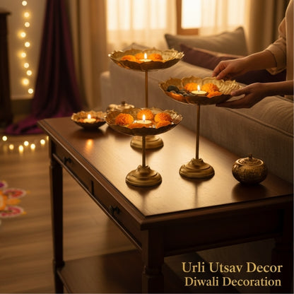 Traditional standing urli bowl centerpiece for festive Diwali home decor.