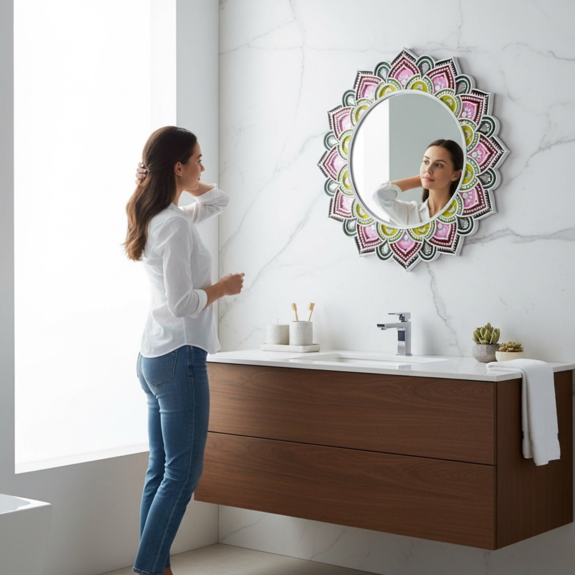 Woman standing in a bathroom with a multi color lippan decorative mirror.