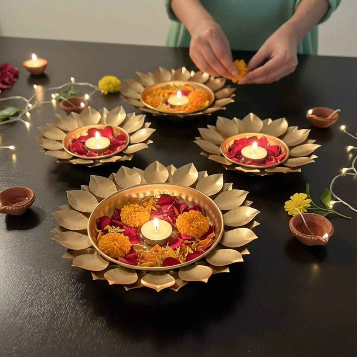 Metal urli bowls for home décor and wedding décor by Urli Utsav showing gold polish finish
