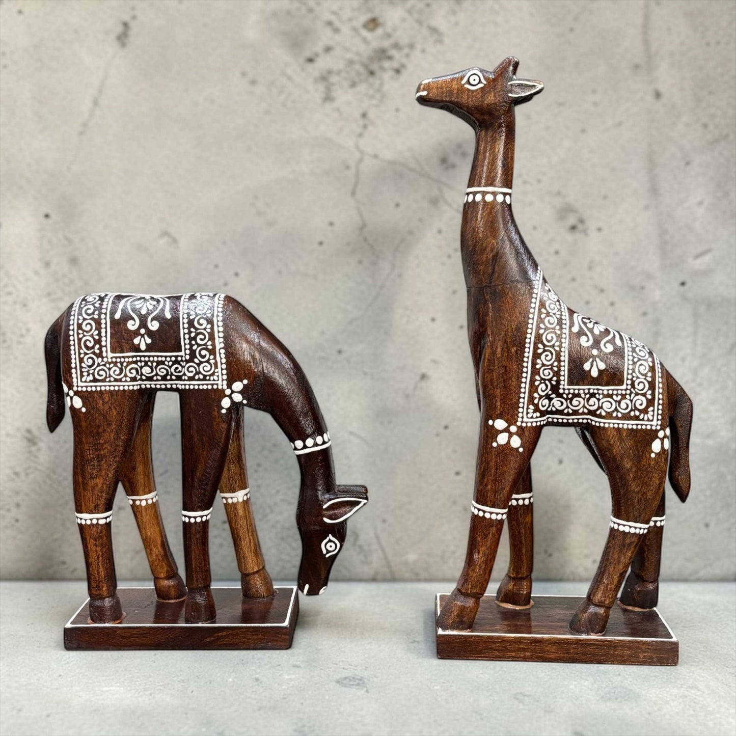 Urli Utsav handpainted wooden giraffe and bird set, vibrant handcrafted ethnic decor figurines for home table styling.
