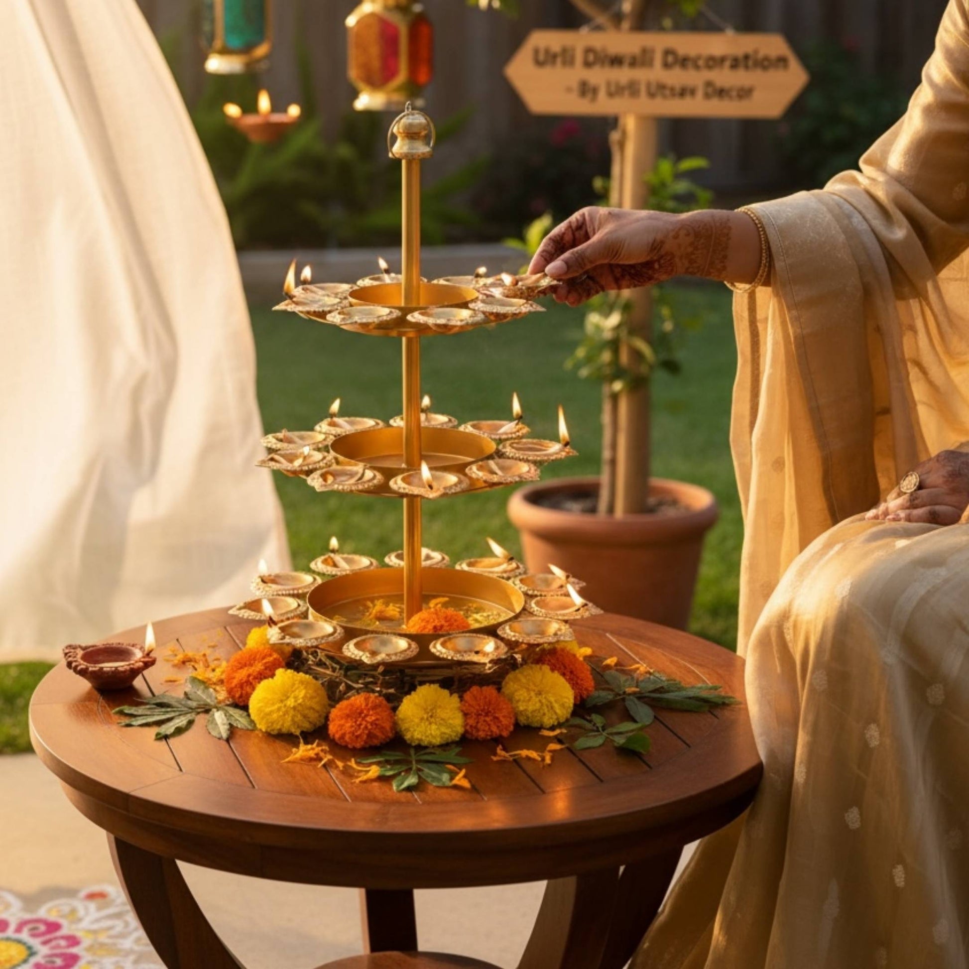 Diwali Decoration setup with three tiered diya stand and floral arrangements on a wooden table, outdoors.