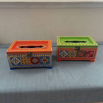 Two handpainted mango wood tissue box holders, red blue and green red Rajasthani color variants