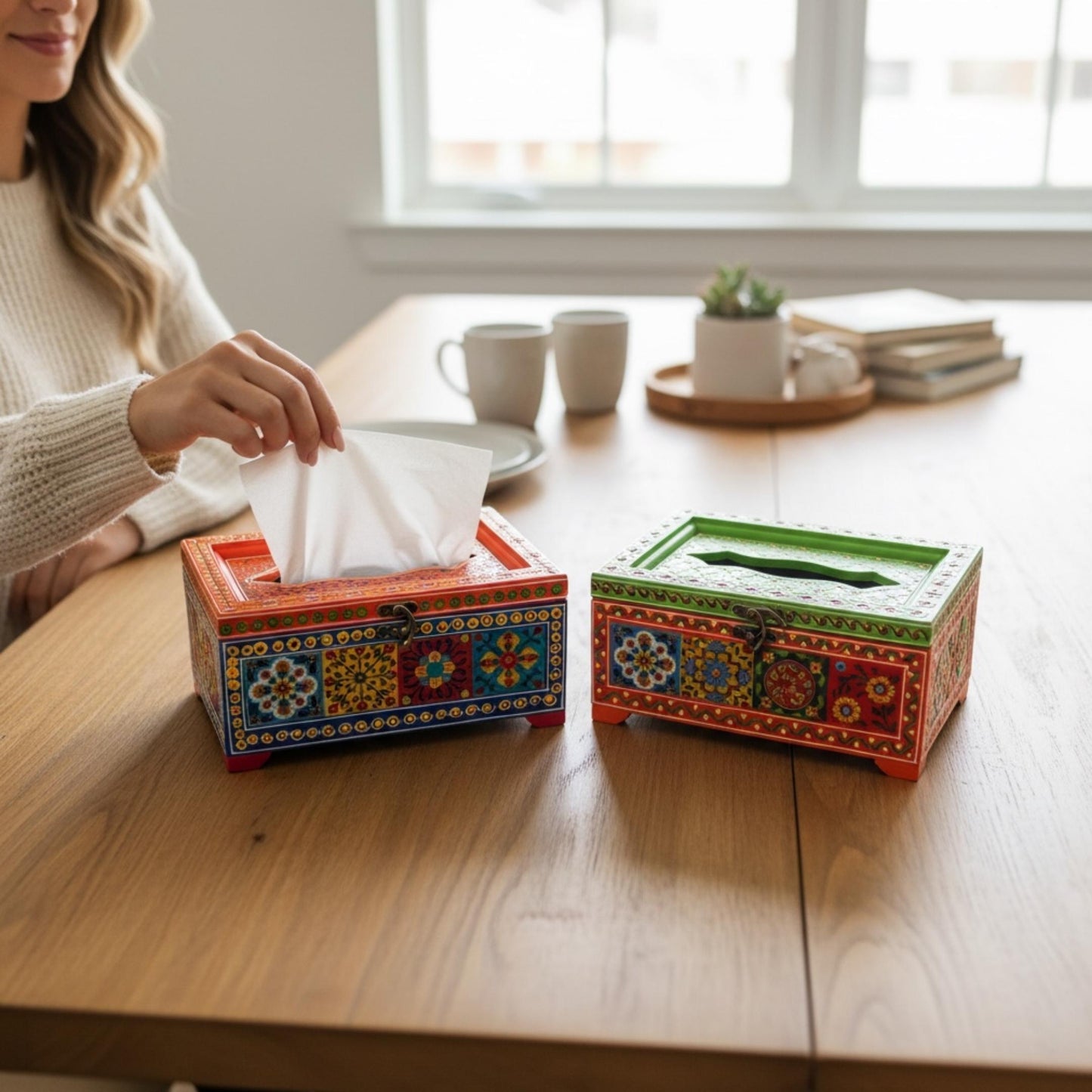 Two handpainted mango wood tissue boxes on dining table, hand pulling tissue, boho home decor