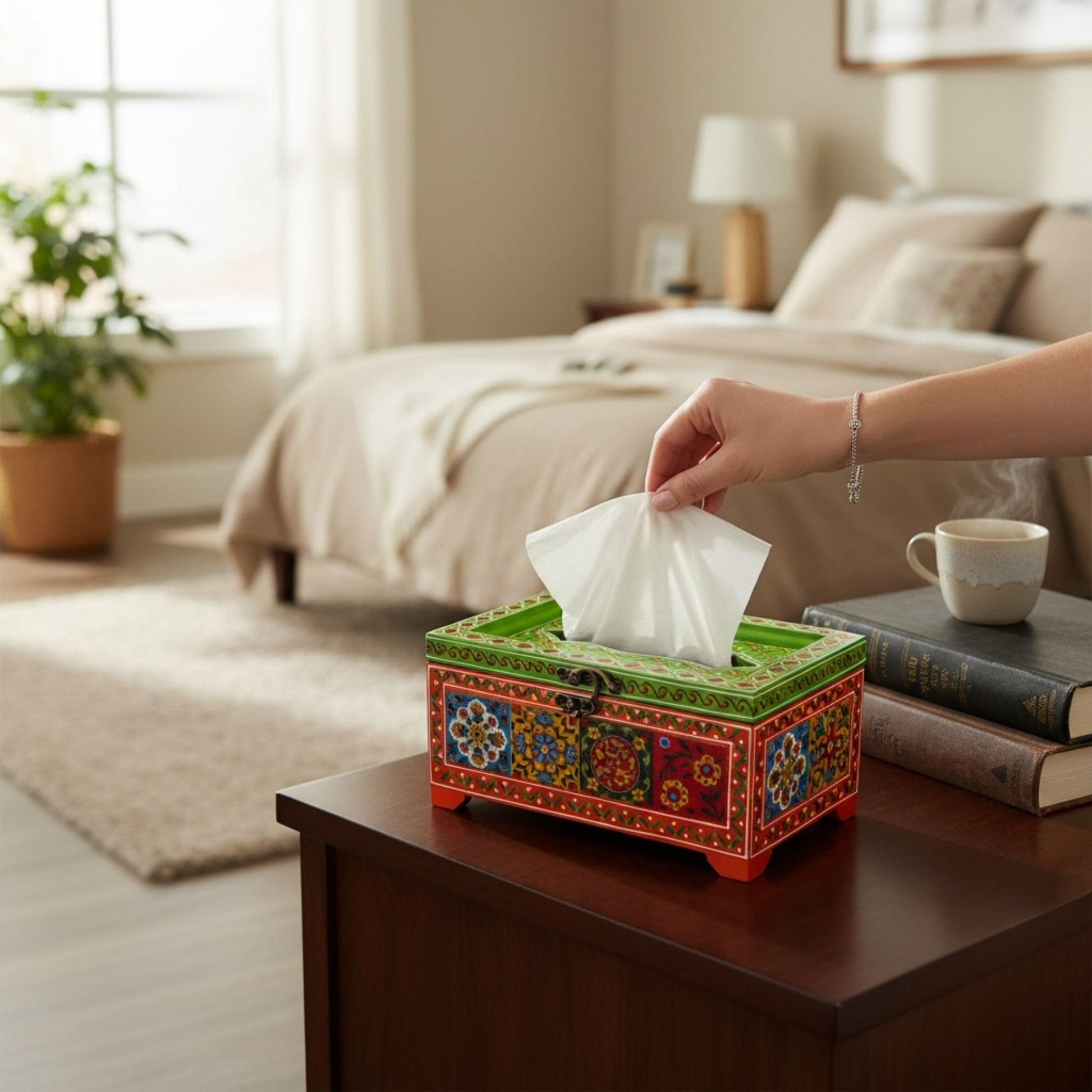 Hand reaching for tissue from colorful handpainted wooden box on bedside table, boho bedroom decor