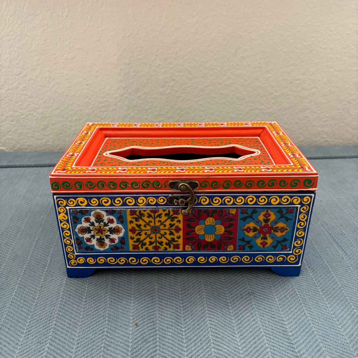 Blue and red handpainted mango wood tissue box cover, Rajasthani floral mandala design, top view