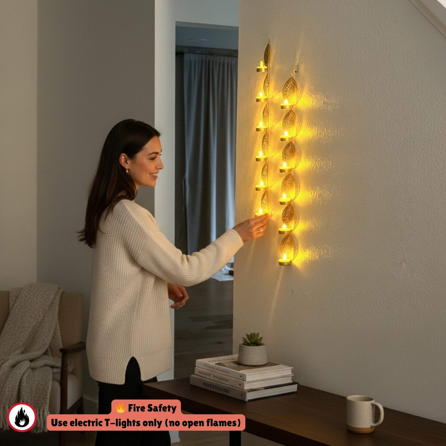Woman arranging decorative lights on a wall in a cozy room.