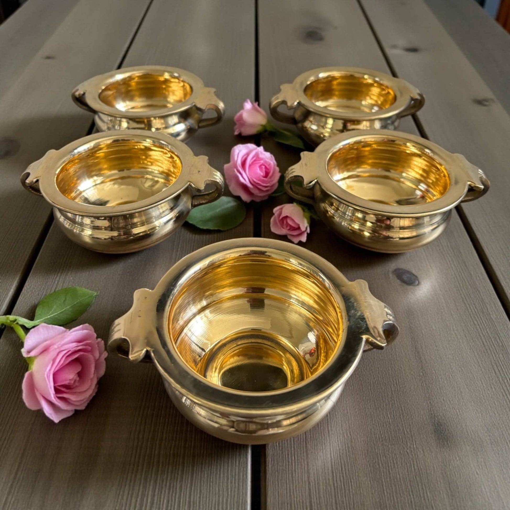 Set of 5 mini brass urli bowls handcrafted – traditional 4‑inch prasad bowls for pooja
