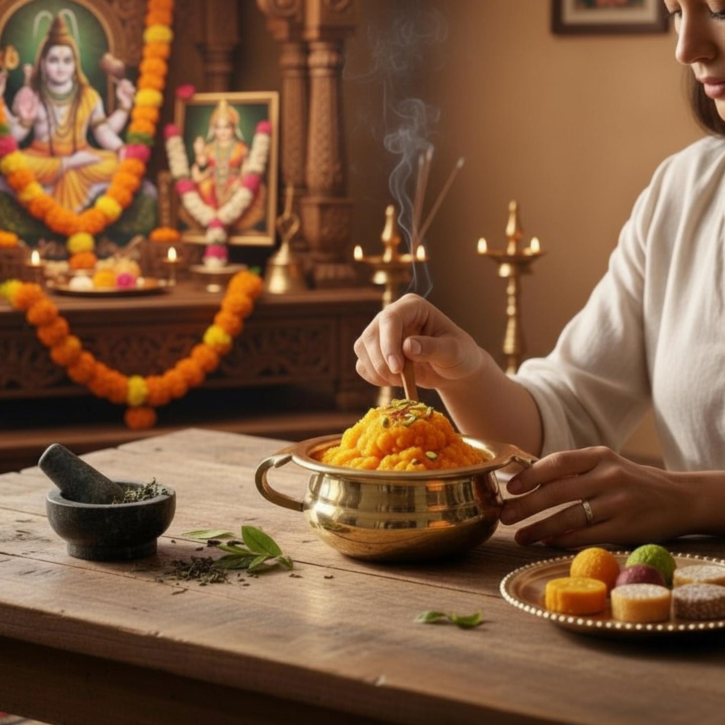 Woman serving prasad in small brass urli bowl in a decorated room with idols and festive décor