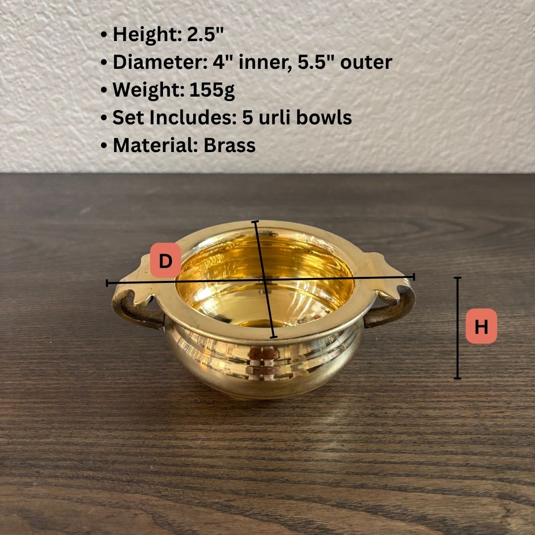 Brass measuring image showing dimensions of mini urli bowl on wooden surface – 4 inch diameter
