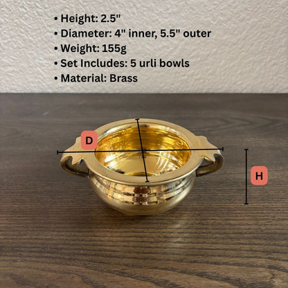 Brass measuring image showing dimensions of mini urli bowl on wooden surface – 4 inch diameter