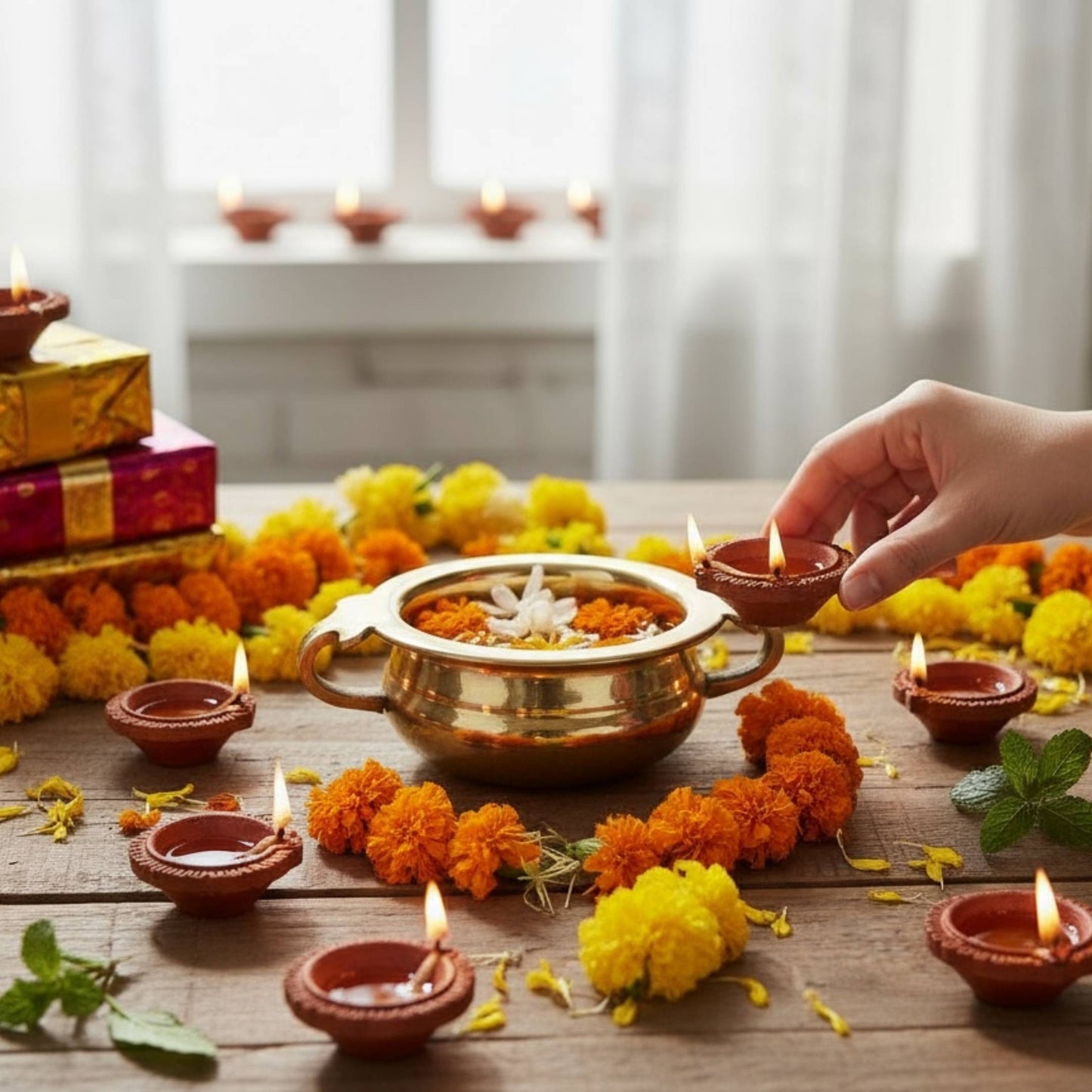 Decorative Diwali table with brass mini urli bowls, marigold flowers and oil lamps – festive styling