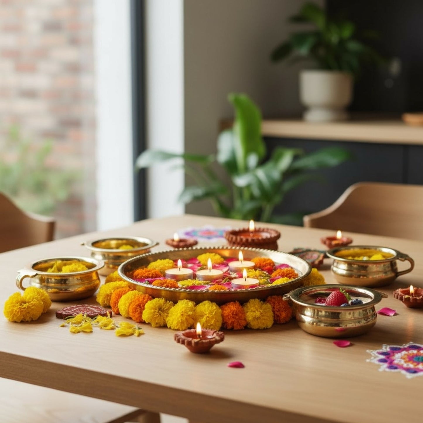 Brass urli bowl paired with candles and floral decor on a wooden surface – ceremonial pooja setting