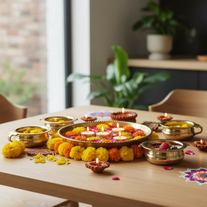 Brass urli bowl paired with candles and floral decor on a wooden surface – ceremonial pooja setting